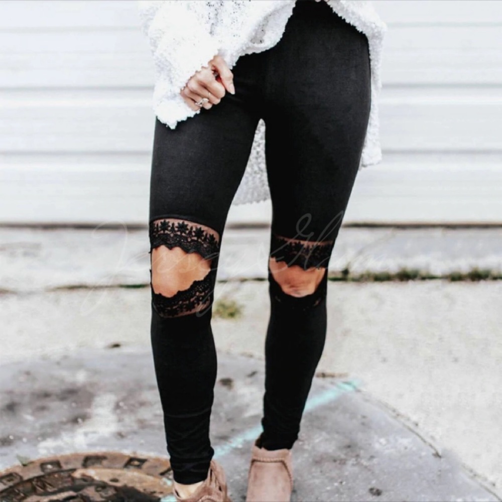 CLEARANCE Black Faux Suede Lace Cut Out Knee Leggings - Picture 2 of 3